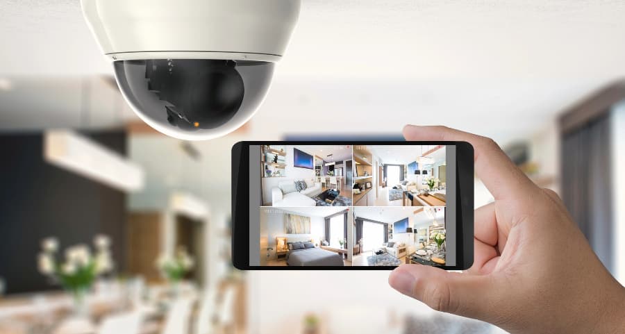 Homeowner holding smartphone with video feed from security cameras in Tampa